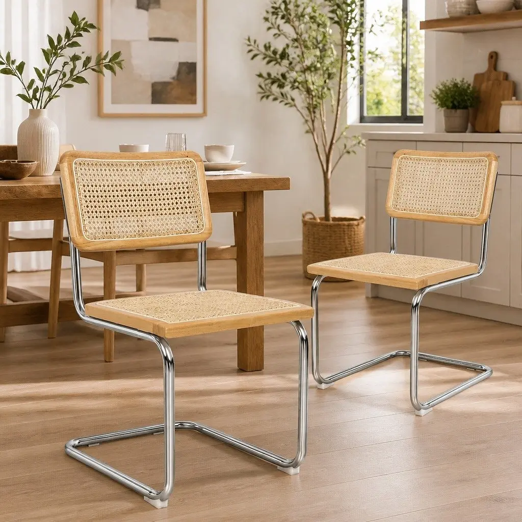 Rattan Dining Chairs Set of 4 Woven Seat Backrest Cantilever Frame Kitchen