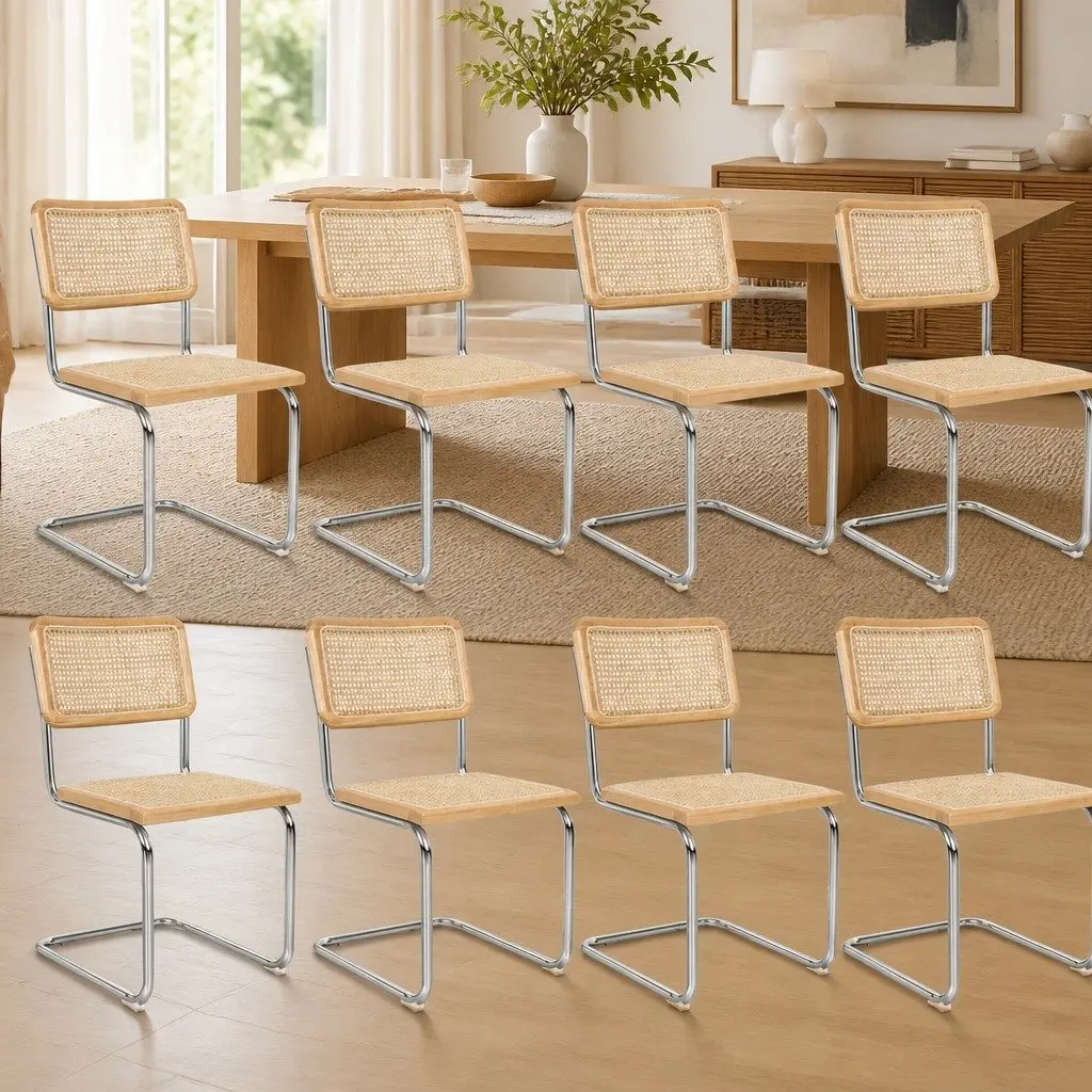 Dining Chairs Woven Rattan Seat Backrest Cantilevered Chrome-Plated Steel Frame Natural Colour 6 Piece Set