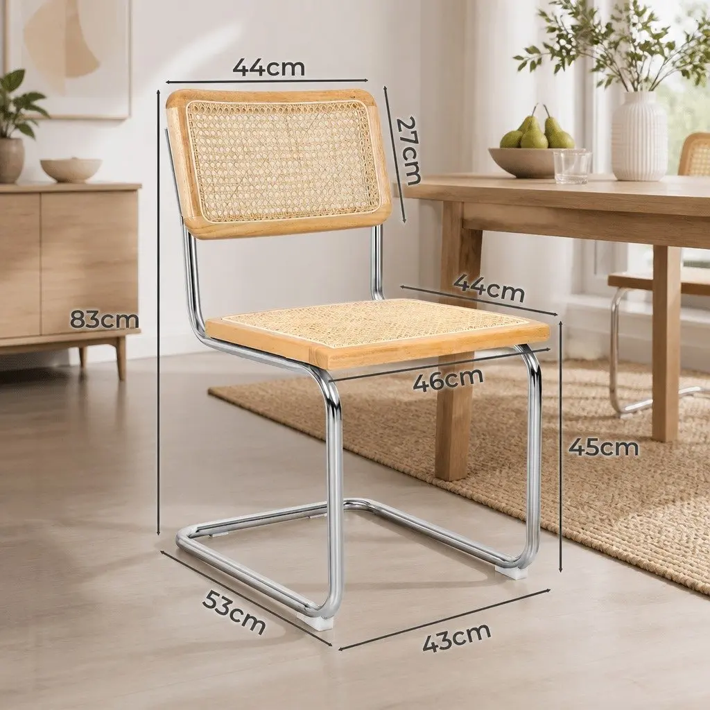 Dining Chairs Woven Rattan Seat Backrest Cantilevered Chrome-Plated Steel Frame Natural Colour 6 Piece Set