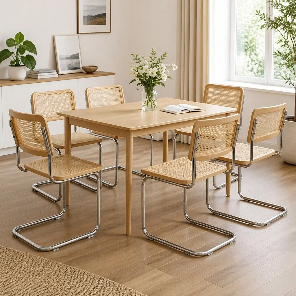 Dining Chairs Woven Rattan Seat Backrest Cantilevered Chrome-Plated Steel Frame Natural Colour 6 Piece Set