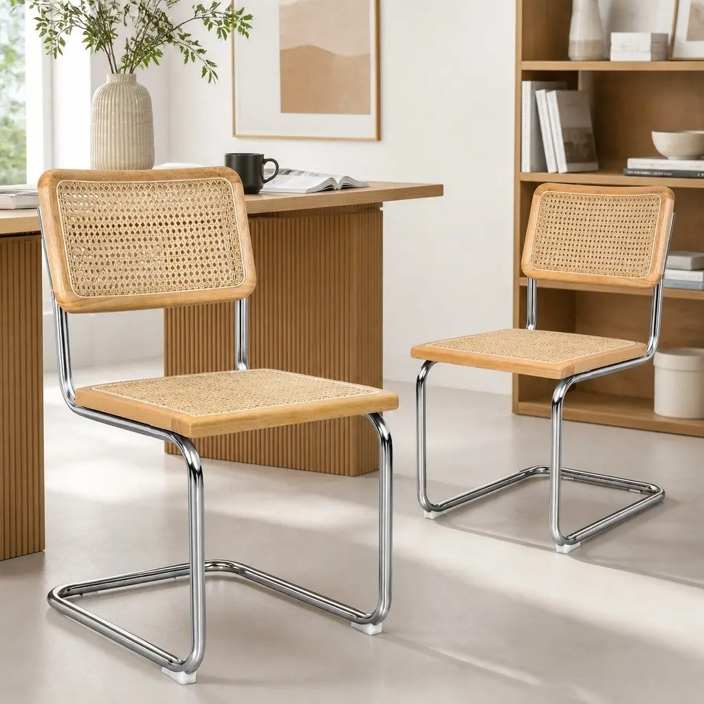 Dining Chairs Woven Rattan Seat Backrest Cantilevered Chrome-Plated Steel Frame Natural Colour 6 Piece Set