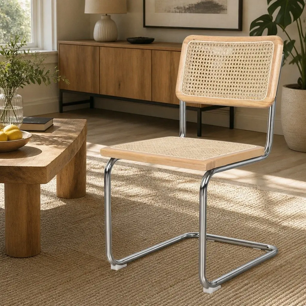 Rattan Dining Chairs Set of 2 Woven Seat Backrest Chrome Steel Frame Kitchen