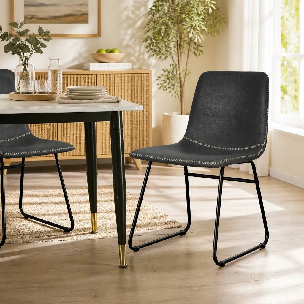 Dining Chairs Faux Leather Black Set of 8 Retro Style Kitchen Seat