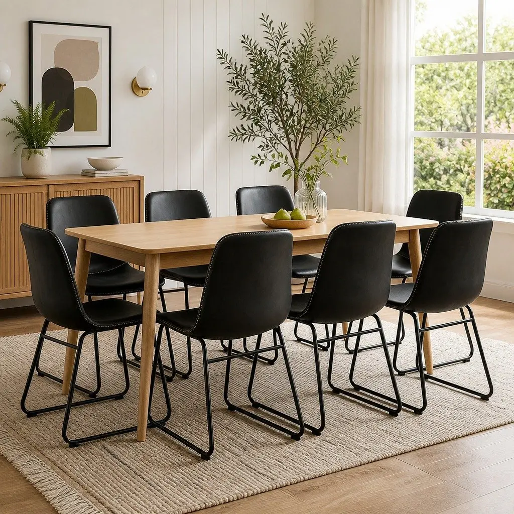 Dining Chairs Faux Leather Black Set of 8 Retro Style Kitchen Seat