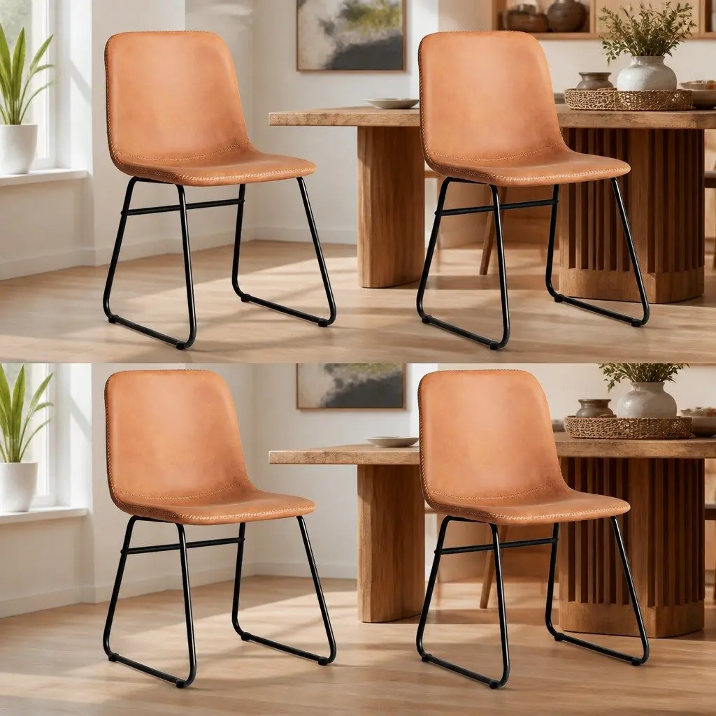 Dining Chair Set of 4 PU Leather Padded Seat Brown Steel Legs