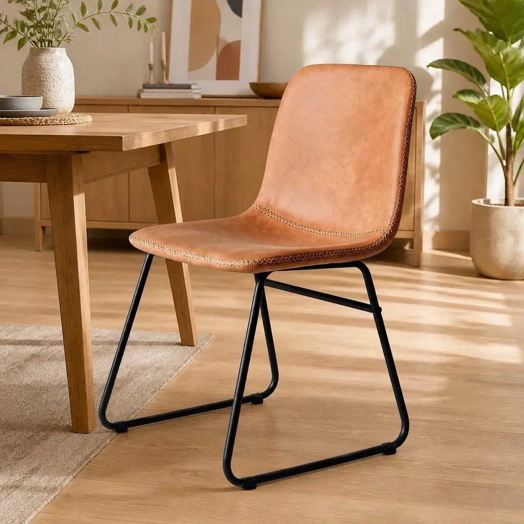 Dining Chair Set of 4 PU Leather Padded Seat Brown Steel Legs
