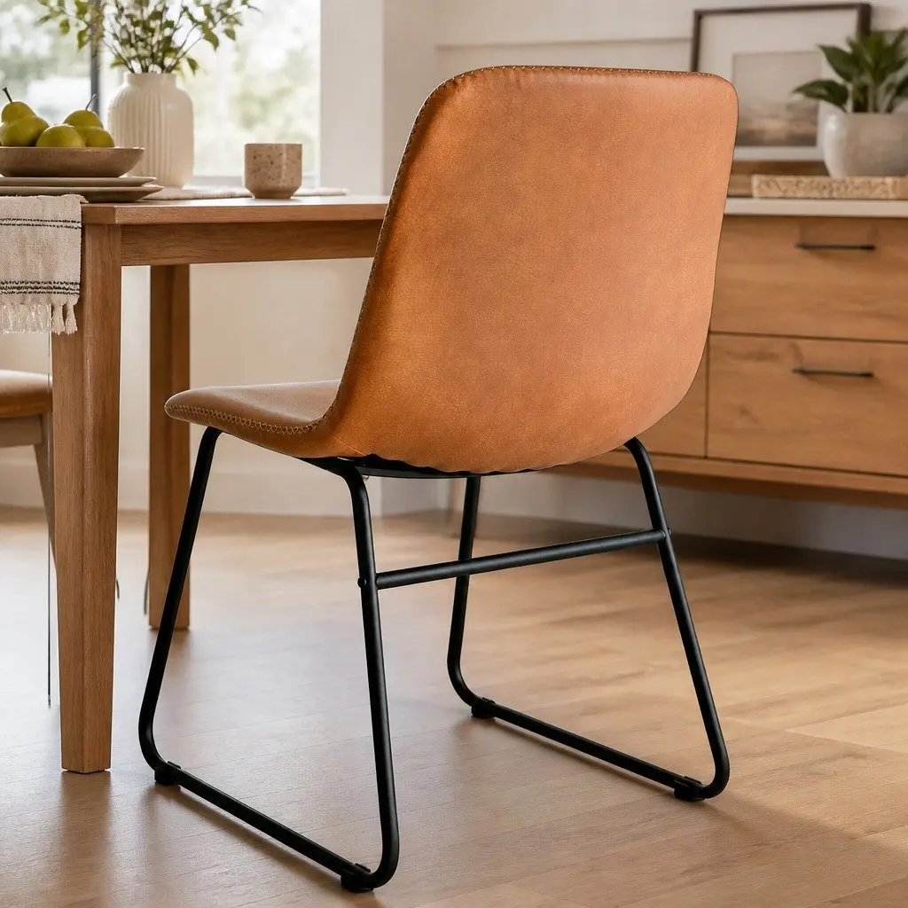 Dining Chair Set of 4 PU Leather Padded Seat Brown Steel Legs