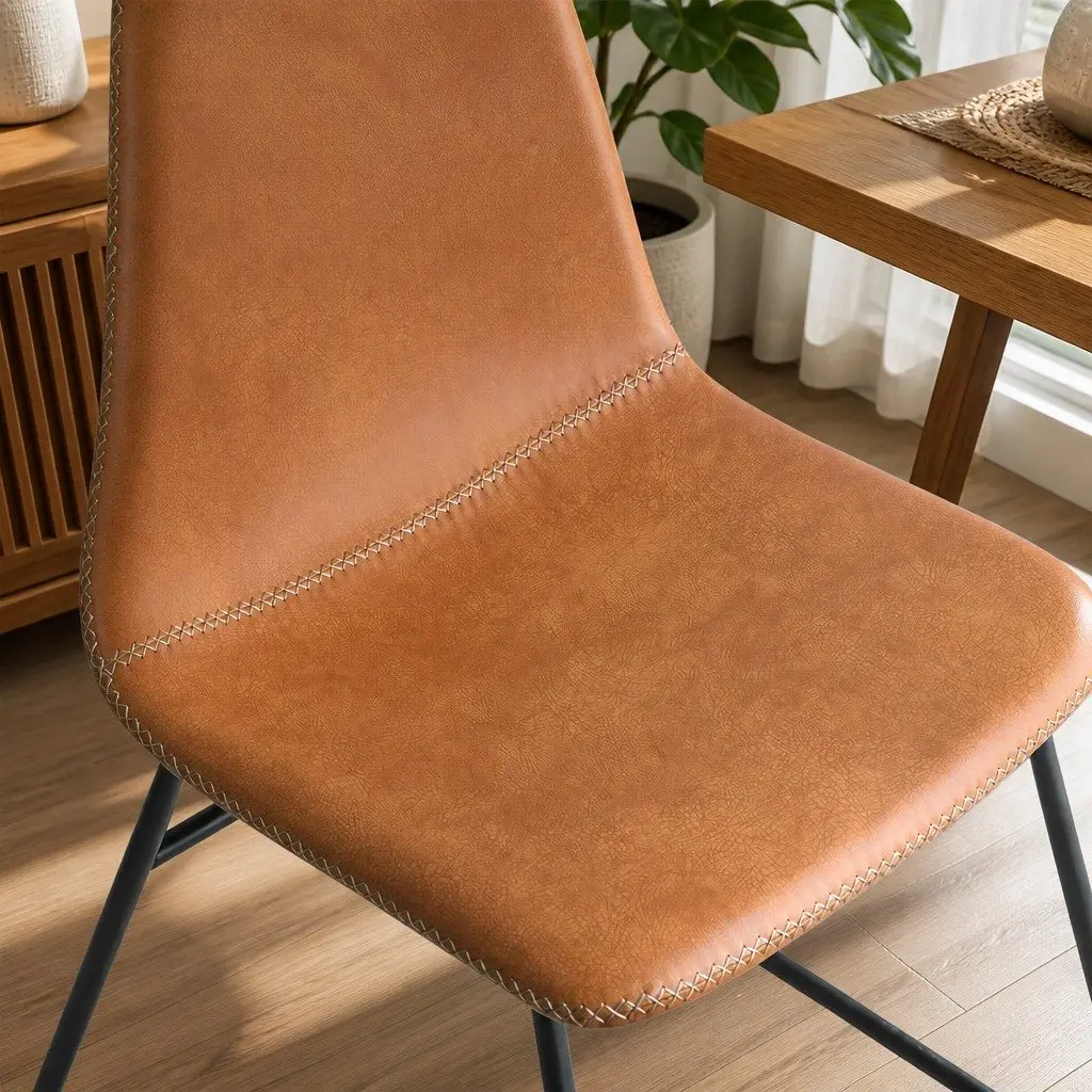 Dining Chair Set of 4 PU Leather Padded Seat Brown Steel Legs