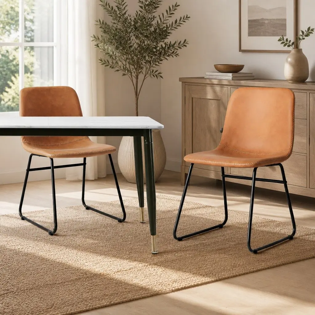 Dining Chair Set of 4 PU Leather Padded Seat Brown Steel Legs