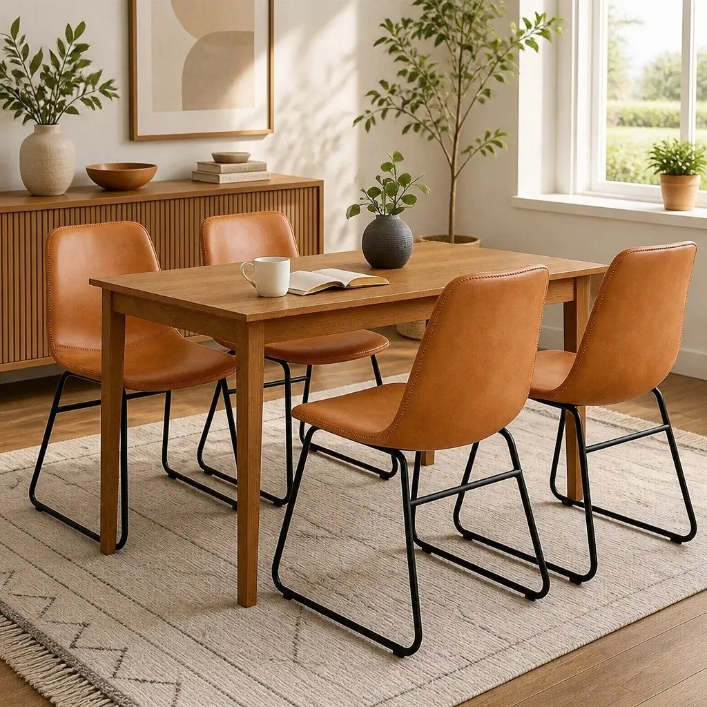 Dining Chair Set of 4 PU Leather Padded Seat Brown Steel Legs