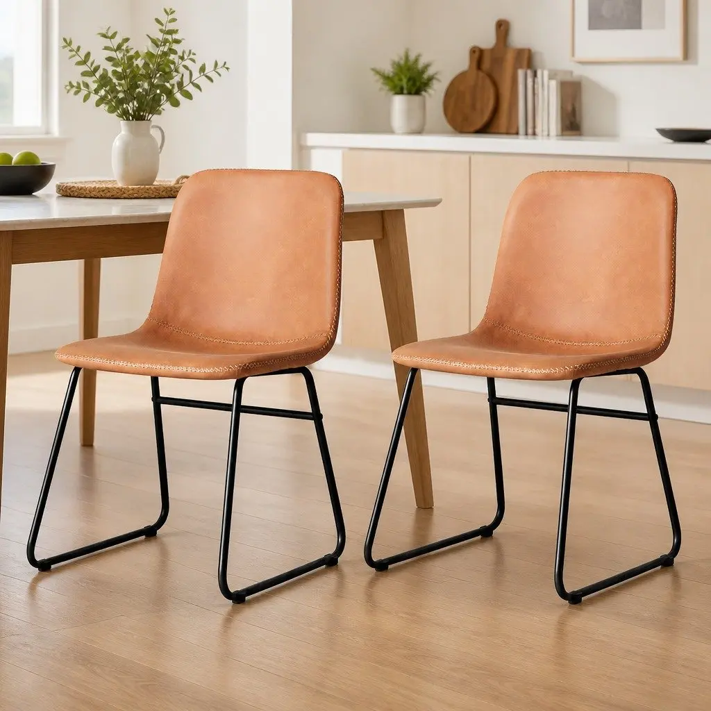 Dining Chair Set of 4 PU Leather Padded Seat Brown Steel Legs