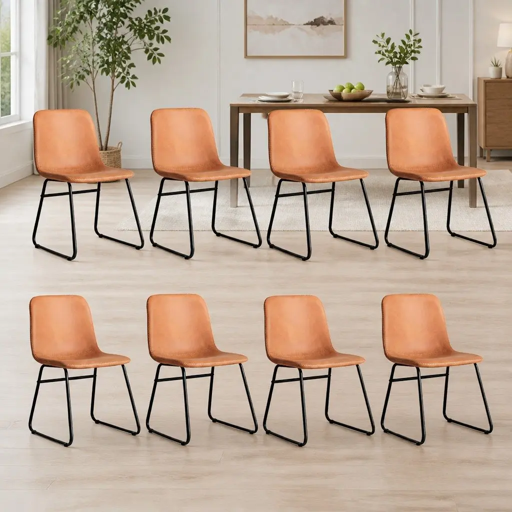 8 Piece Set of Ergonomic Dining Chairs Padded PU Leather Upholstered Brown Kitchen Seating Steel Legs