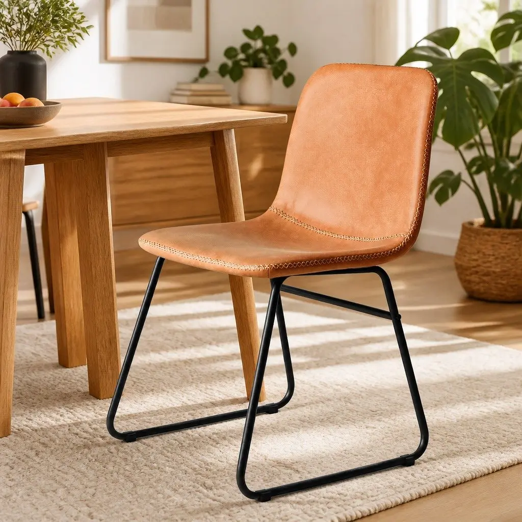 8 Piece Set of Ergonomic Dining Chairs Padded PU Leather Upholstered Brown Kitchen Seating Steel Legs