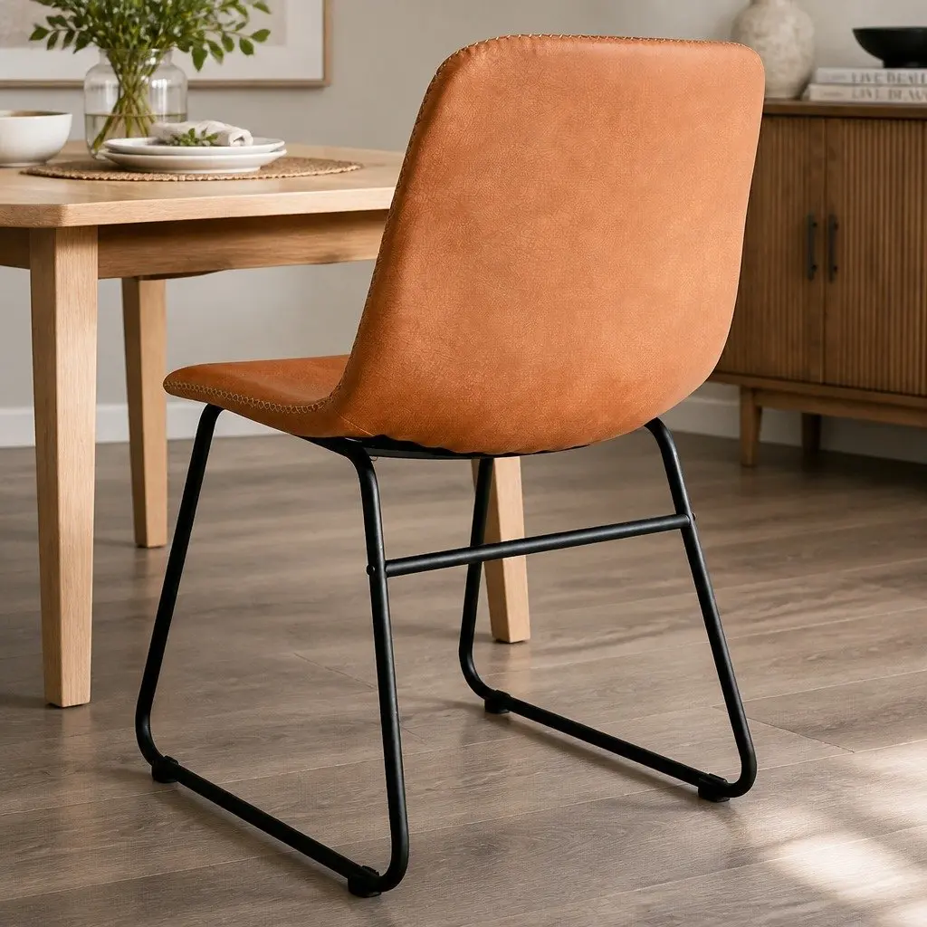 8 Piece Set of Ergonomic Dining Chairs Padded PU Leather Upholstered Brown Kitchen Seating Steel Legs