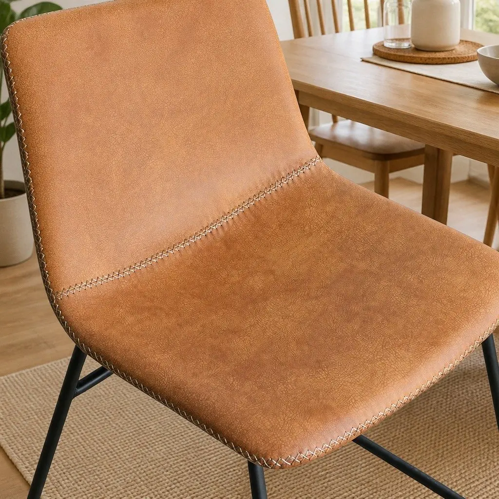 8 Piece Set of Ergonomic Dining Chairs Padded PU Leather Upholstered Brown Kitchen Seating Steel Legs
