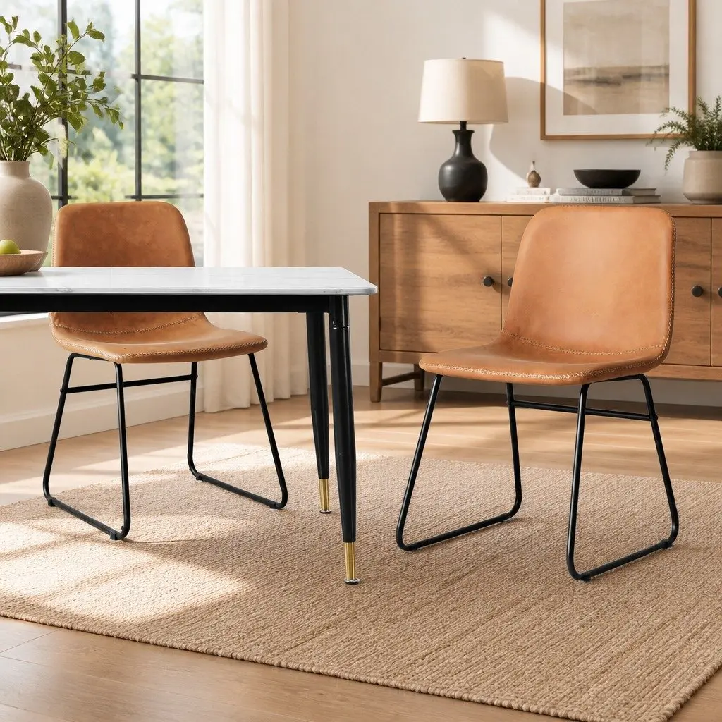 8 Piece Set of Ergonomic Dining Chairs Padded PU Leather Upholstered Brown Kitchen Seating Steel Legs
