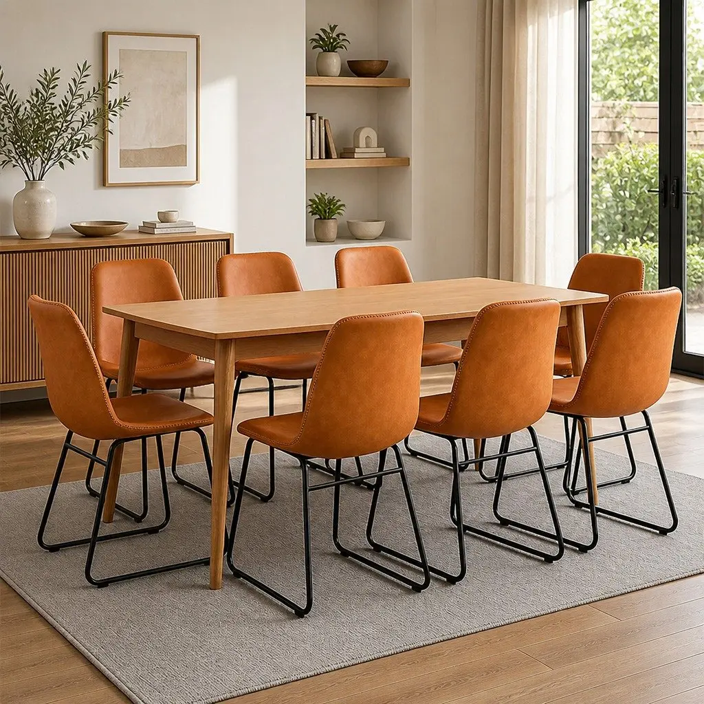 8 Piece Set of Ergonomic Dining Chairs Padded PU Leather Upholstered Brown Kitchen Seating Steel Legs