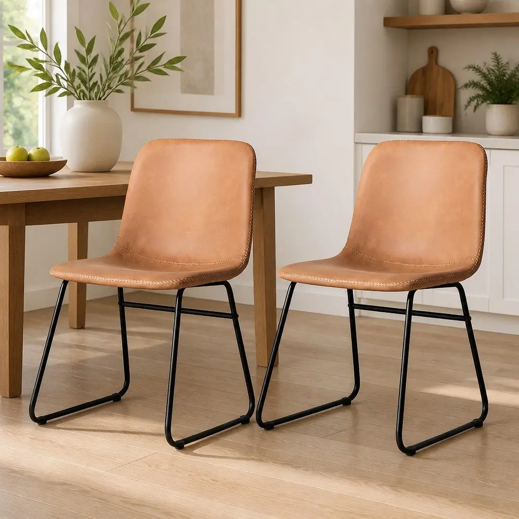 8 Piece Set of Ergonomic Dining Chairs Padded PU Leather Upholstered Brown Kitchen Seating Steel Legs