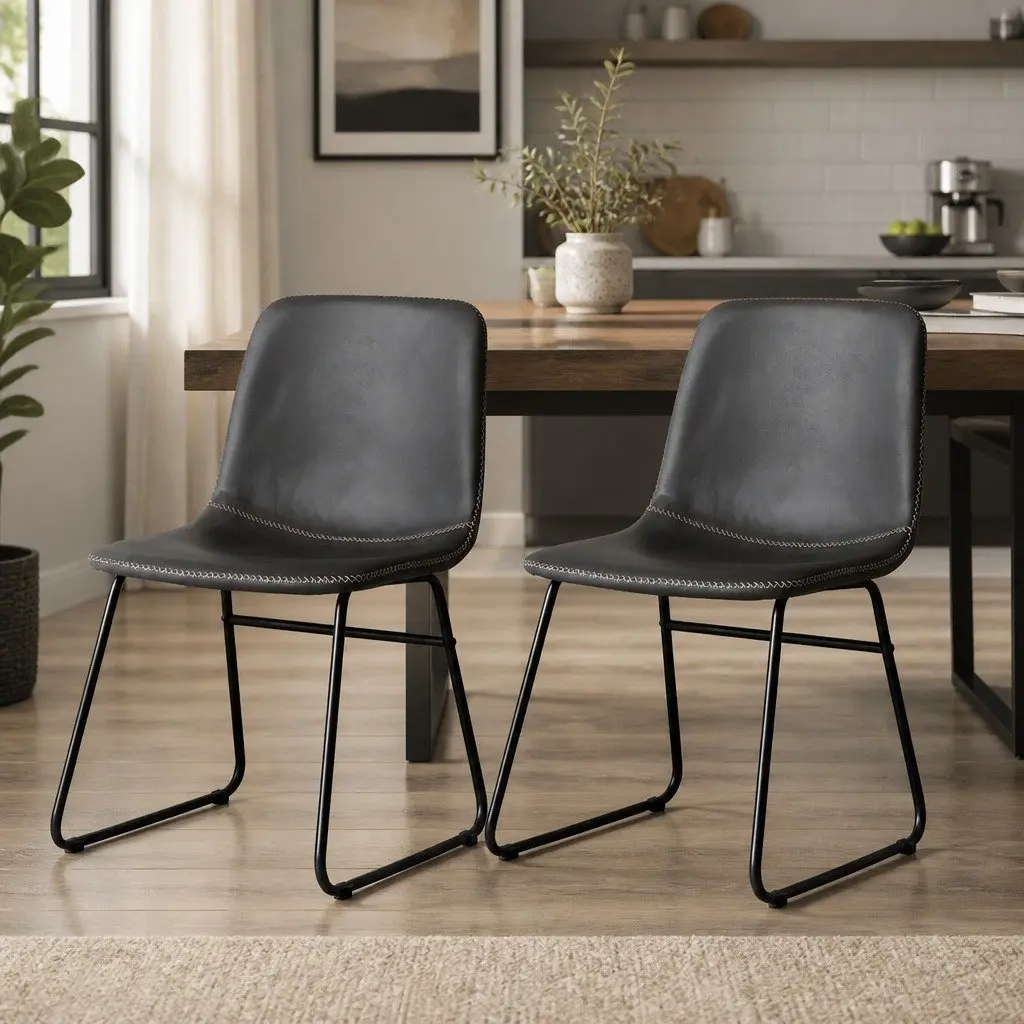 Dining Chairs Set of 2 Retro Faux Leather Ergonomic Black