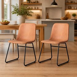 Dining Chairs Set of 2 Retro Kitchen Seat Faux Leather Brown Sleigh Legs
