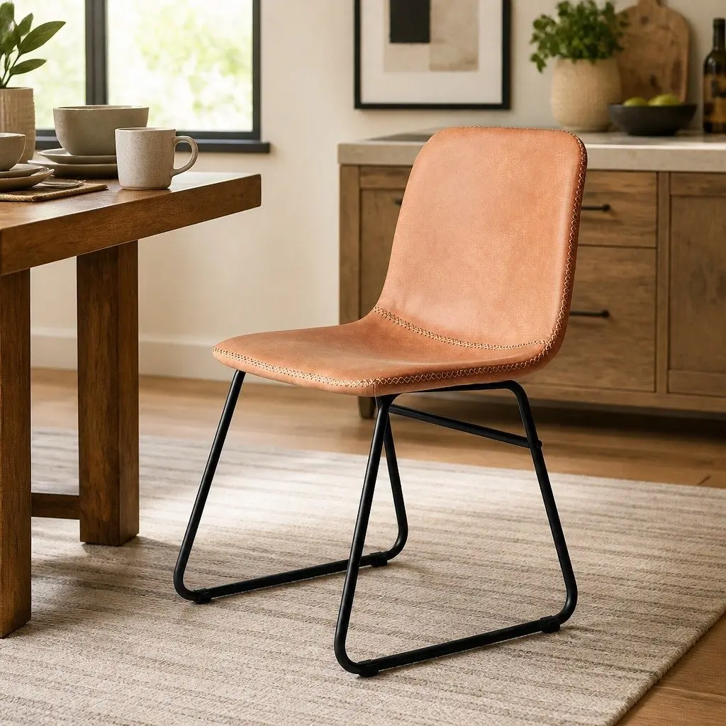 Dining Chairs Faux Leather Brown Set of 2 Sleigh Legs