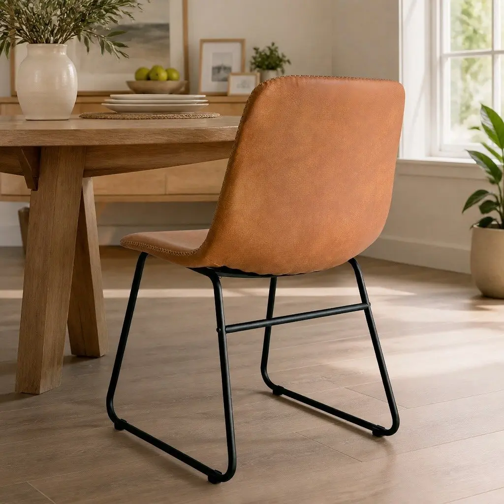 Dining Chairs Faux Leather Brown Set of 2 Sleigh Legs