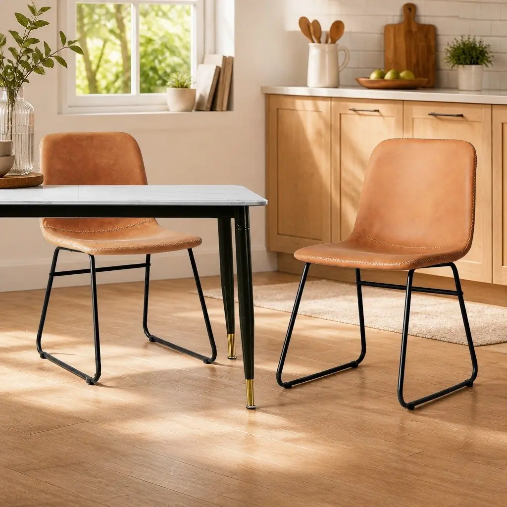 Dining Chairs Faux Leather Brown Set of 2 Sleigh Legs