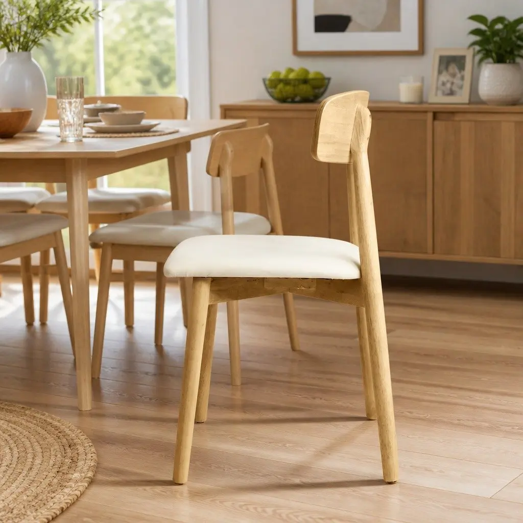 Dining Chairs Ergonomic PU Leather Seat Natural Rubberwood Frame Set of 4