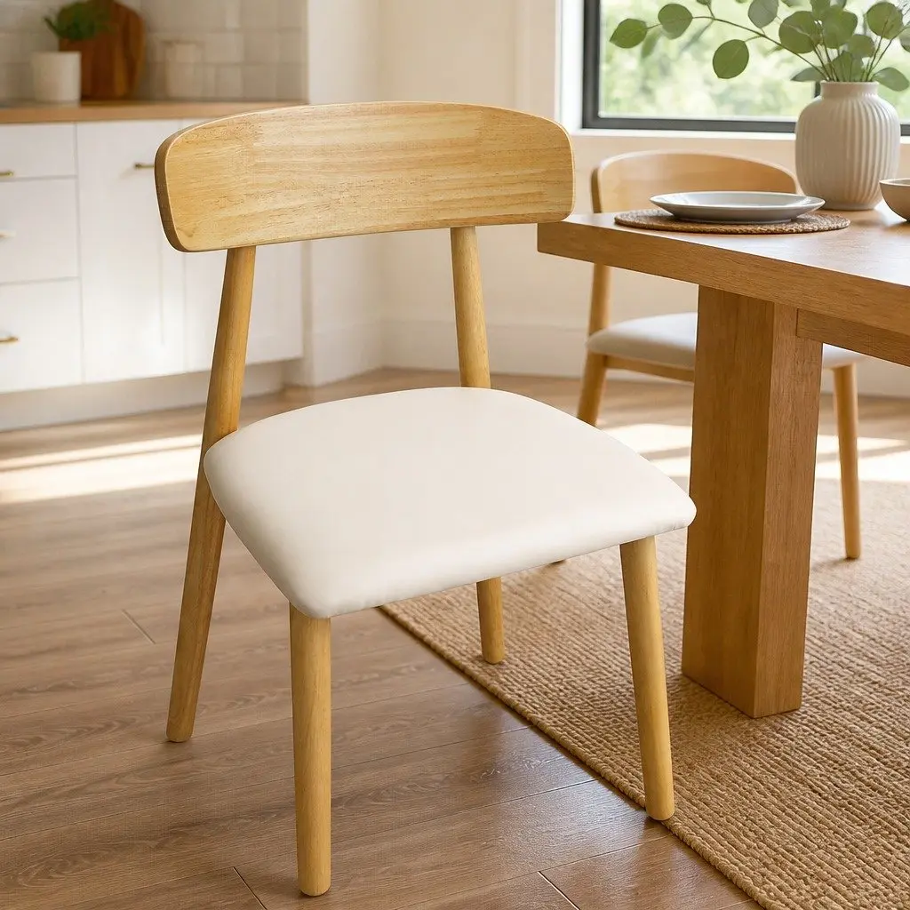 Dining Chairs Ergonomic PU Leather Seat Natural Rubberwood Frame Set of 4