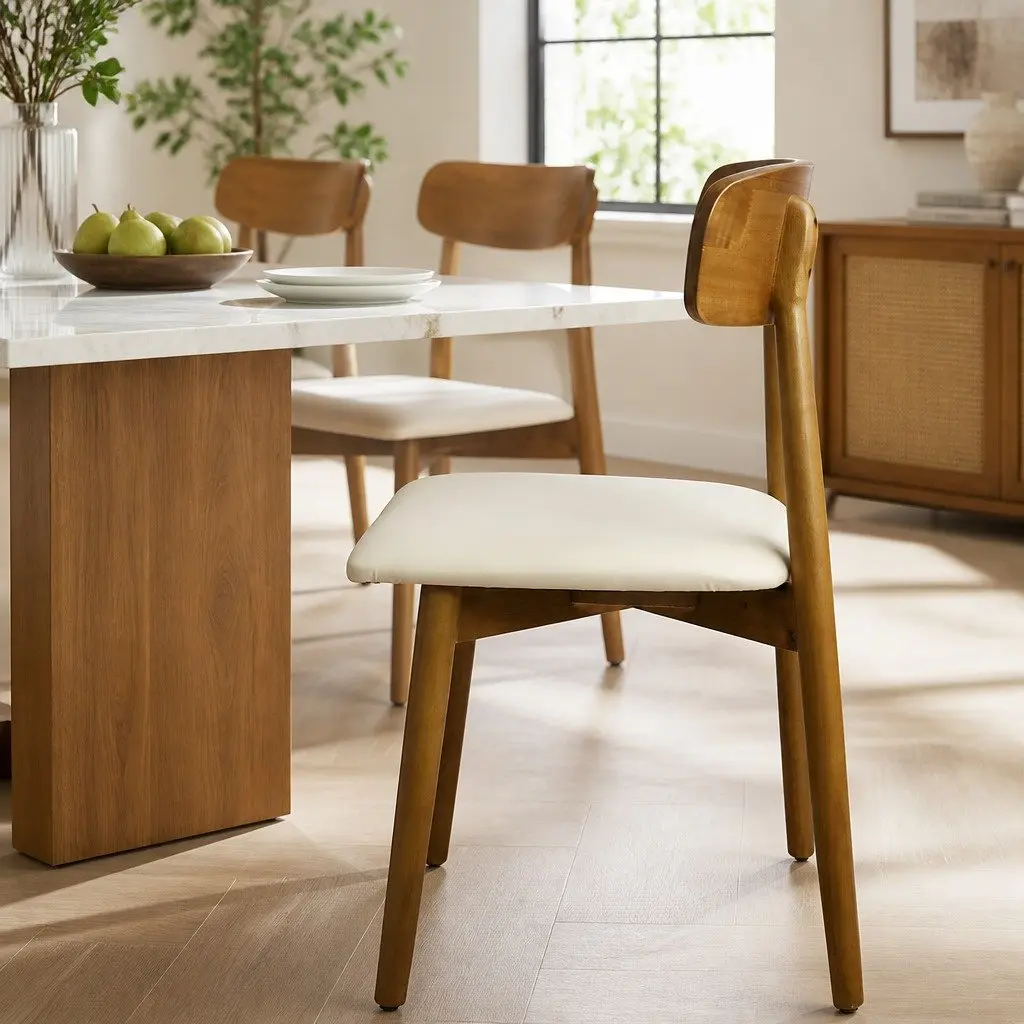 Set of 4 Ergonomic Dining Chairs Walnut Rubberwood PU Leather Curved Backrest