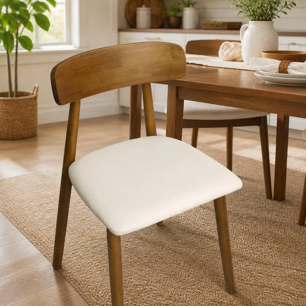 Set of 4 Ergonomic Dining Chairs Walnut Rubberwood PU Leather Curved Backrest