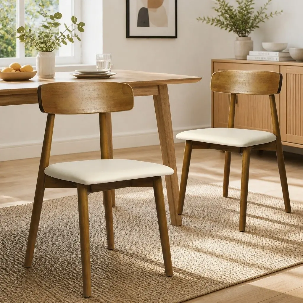 Set of 4 Ergonomic Dining Chairs Walnut Rubberwood PU Leather Curved Backrest