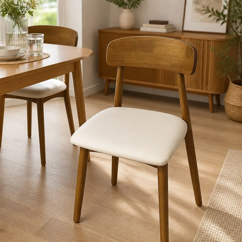 Dining Chairs Set of 6 Rubber Wood PU Leather Curved Backrest Walnut