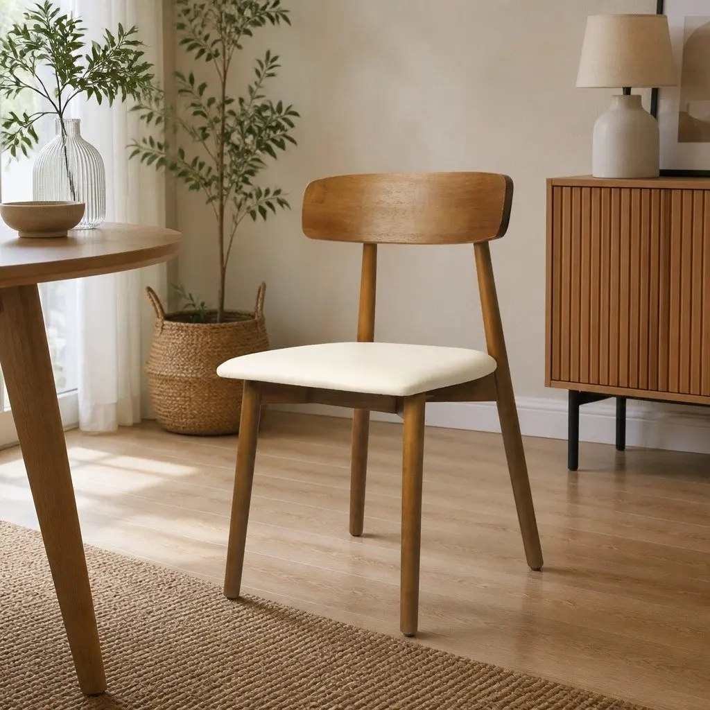 Dining Chairs Set of 6 Rubber Wood PU Leather Curved Backrest Walnut