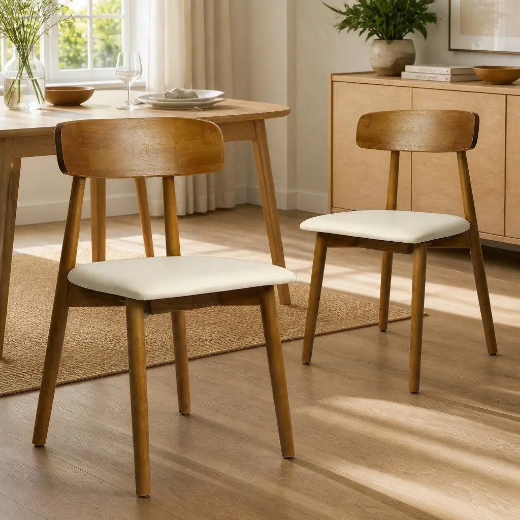Dining Chairs Set of 6 Rubber Wood PU Leather Curved Backrest Walnut