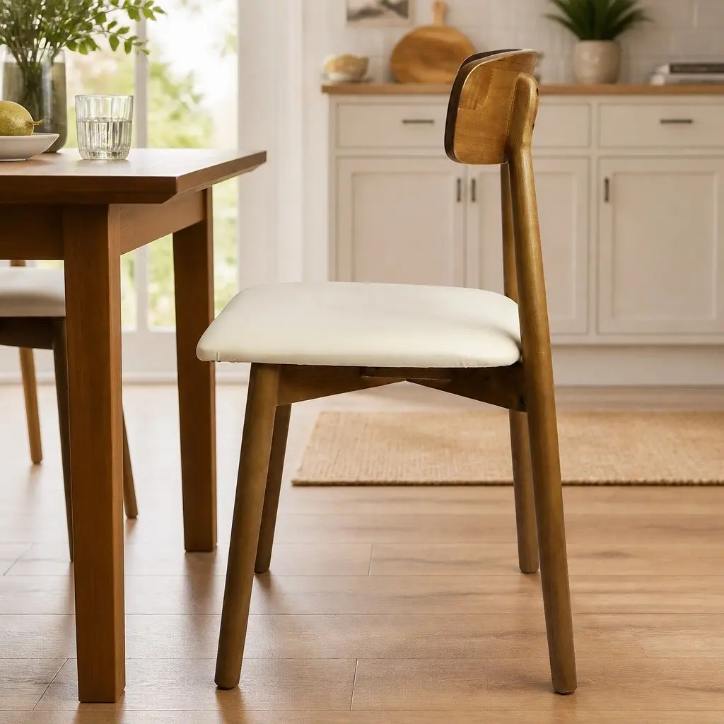 8 Piece Ergonomic Dining Chairs Set Rubber Wood Curved Backrest PU Leather Walnut Finish