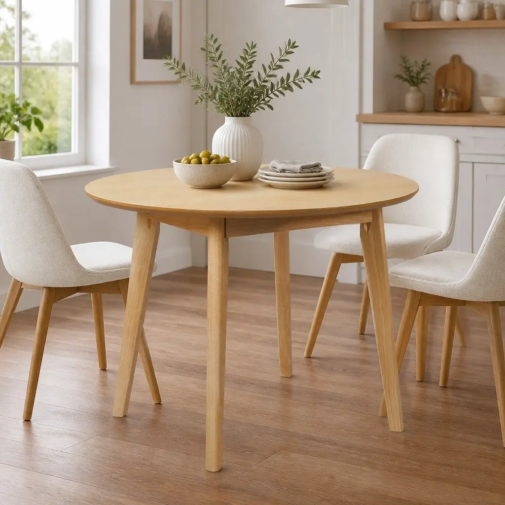 Round Dining Table 100cm Natural Rubberwood Frame MDF Top Seats 4-6 Kitchen