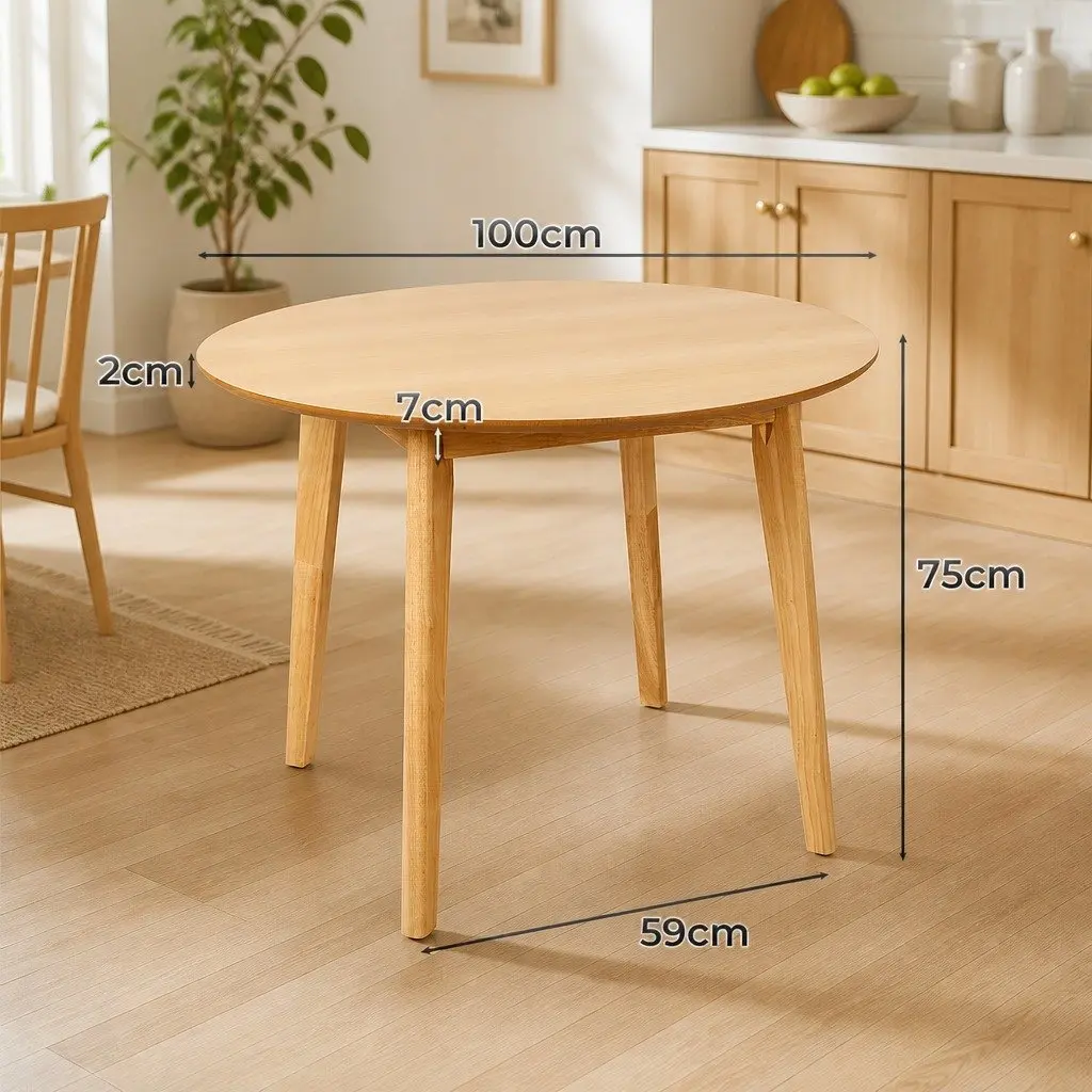 Round Dining Table 100cm Natural Rubberwood Frame MDF Top Seats 4-6 Kitchen