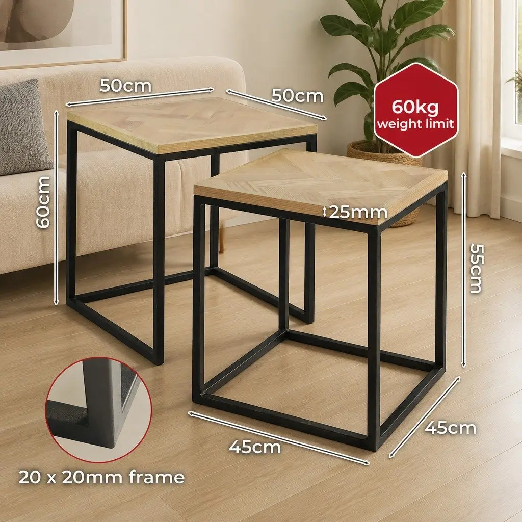 Nesting Coffee Tables 2-Piece Set Oak Veneer MDF Powder-Coated Steel Natural Black