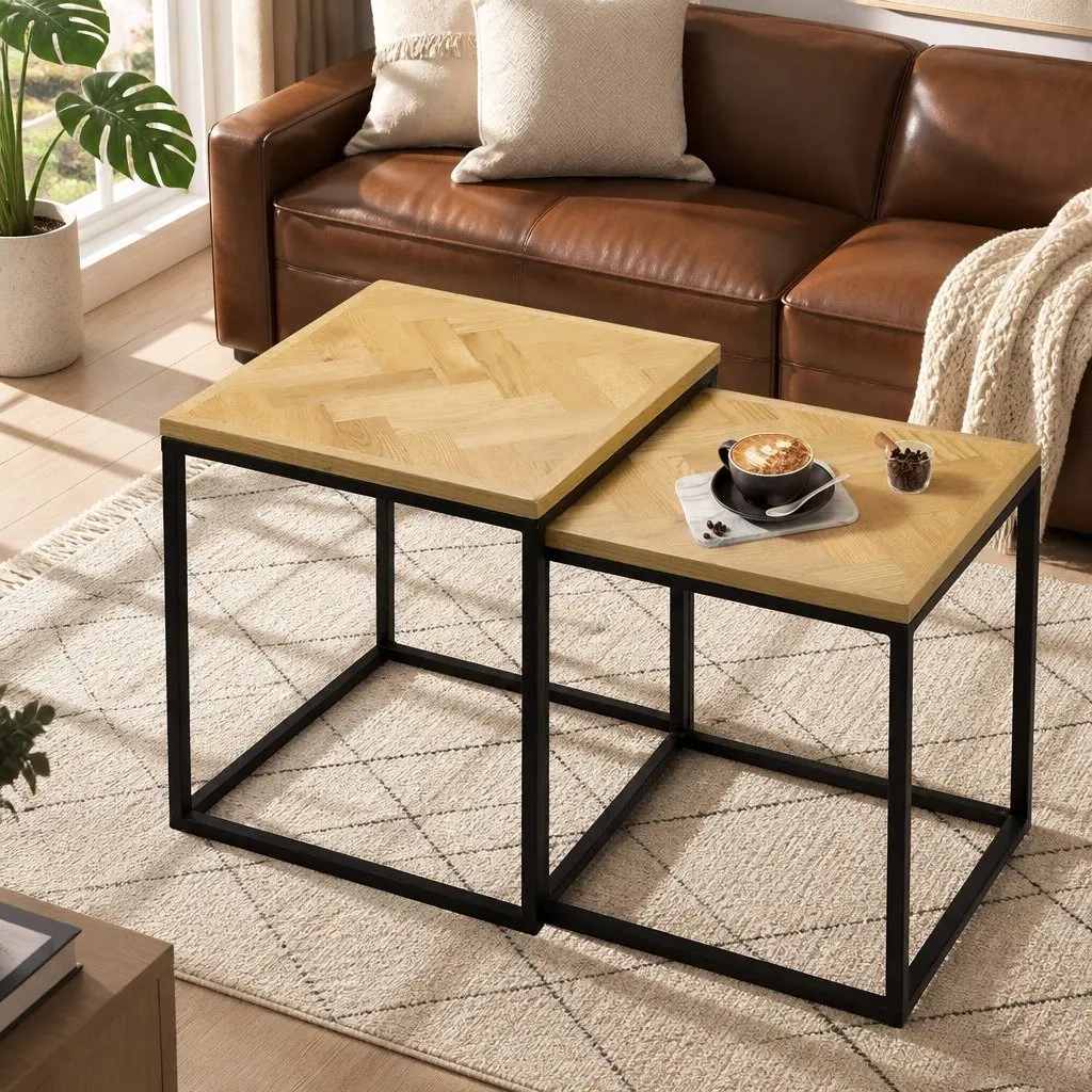 Nesting Coffee Tables 2-Piece Set Oak Veneer MDF Powder-Coated Steel Natural Black