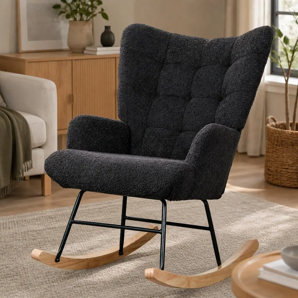 Rocking Chair Ergonomic Sherpa Fleece Grey Lounge Seat