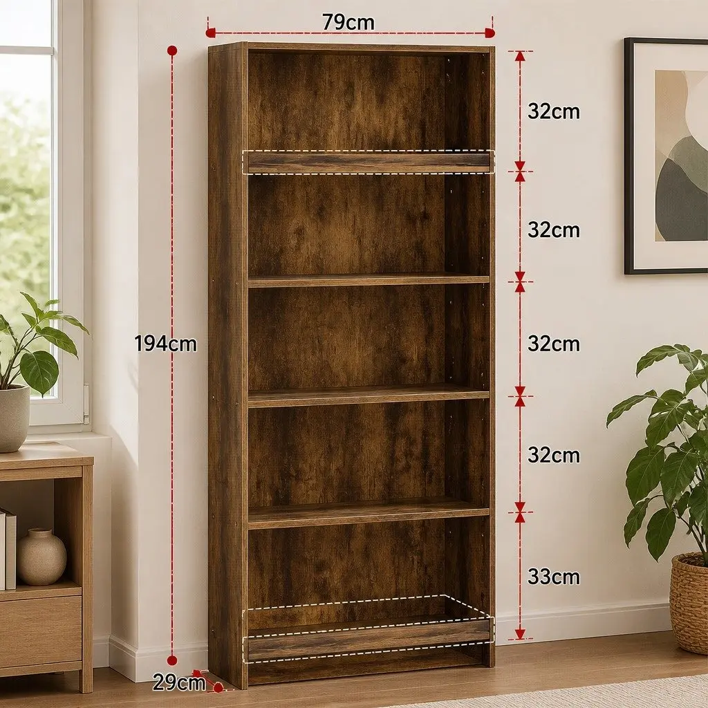 6 Tier Freestanding Tall Bookcase Adjustable Shelves Walnut Storage Unit