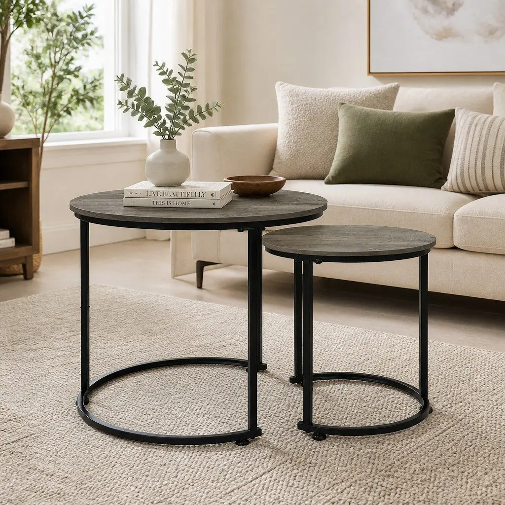 Nesting Coffee Table Set Round Wood Grey 2 Piece Space Saving Metal Frame