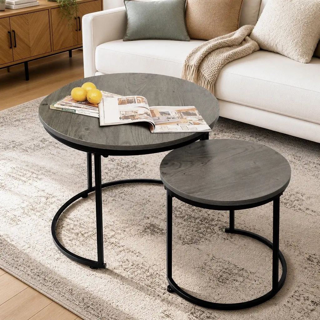 Nesting Coffee Table Set Round Wood Grey 2 Piece Space Saving Metal Frame