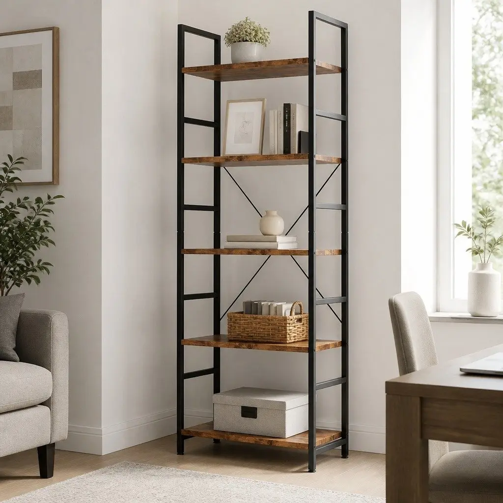 5-Tier Bookshelf E1-Grade Particle Board Steel Frame 157.5cm Tall Rustic Brown