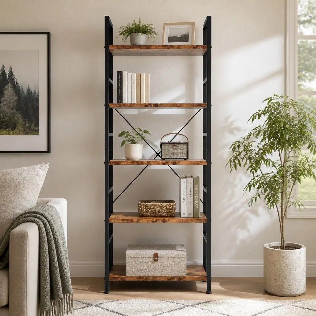 5-Tier Bookshelf E1-Grade Particle Board Steel Frame 157.5cm Tall Rustic Brown