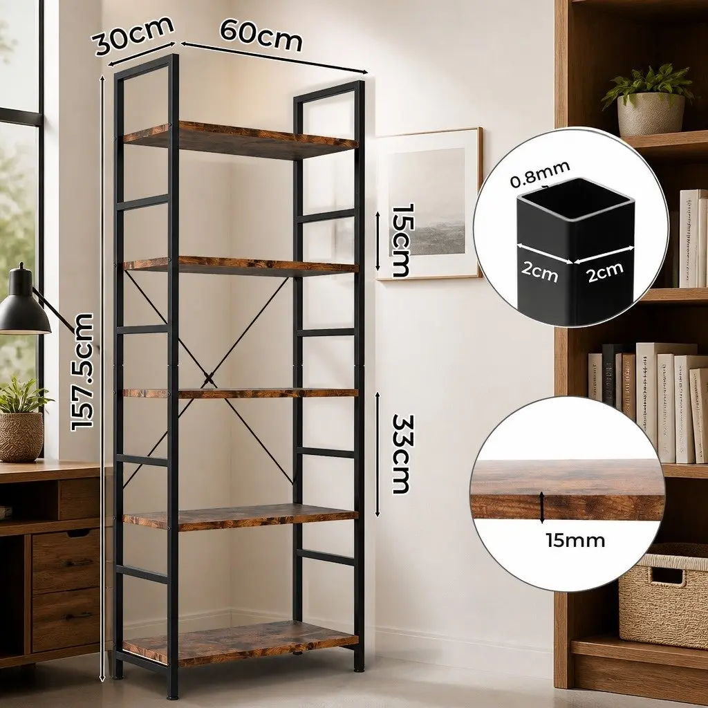 5-Tier Bookshelf E1-Grade Particle Board Steel Frame 157.5cm Tall Rustic Brown