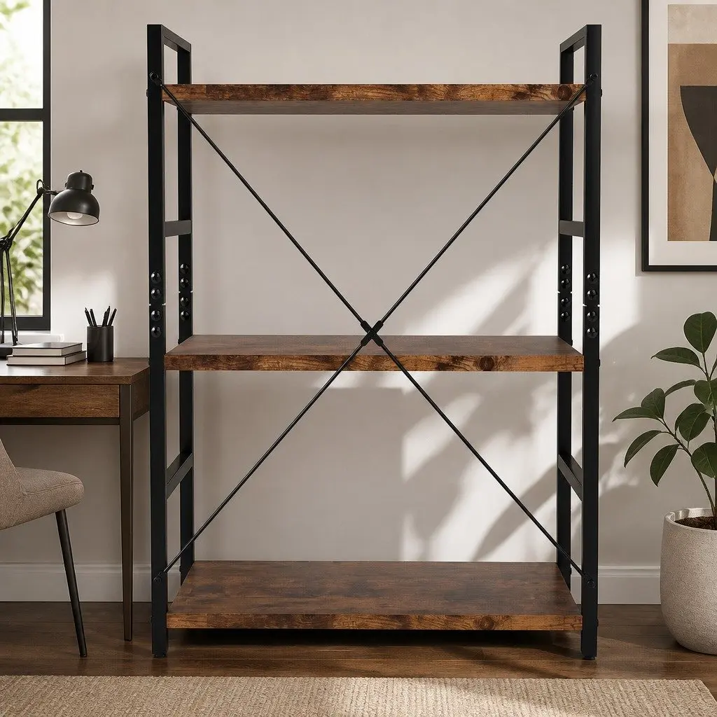 5-Tier Bookshelf E1-Grade Particle Board Steel Frame 157.5cm Tall Rustic Brown