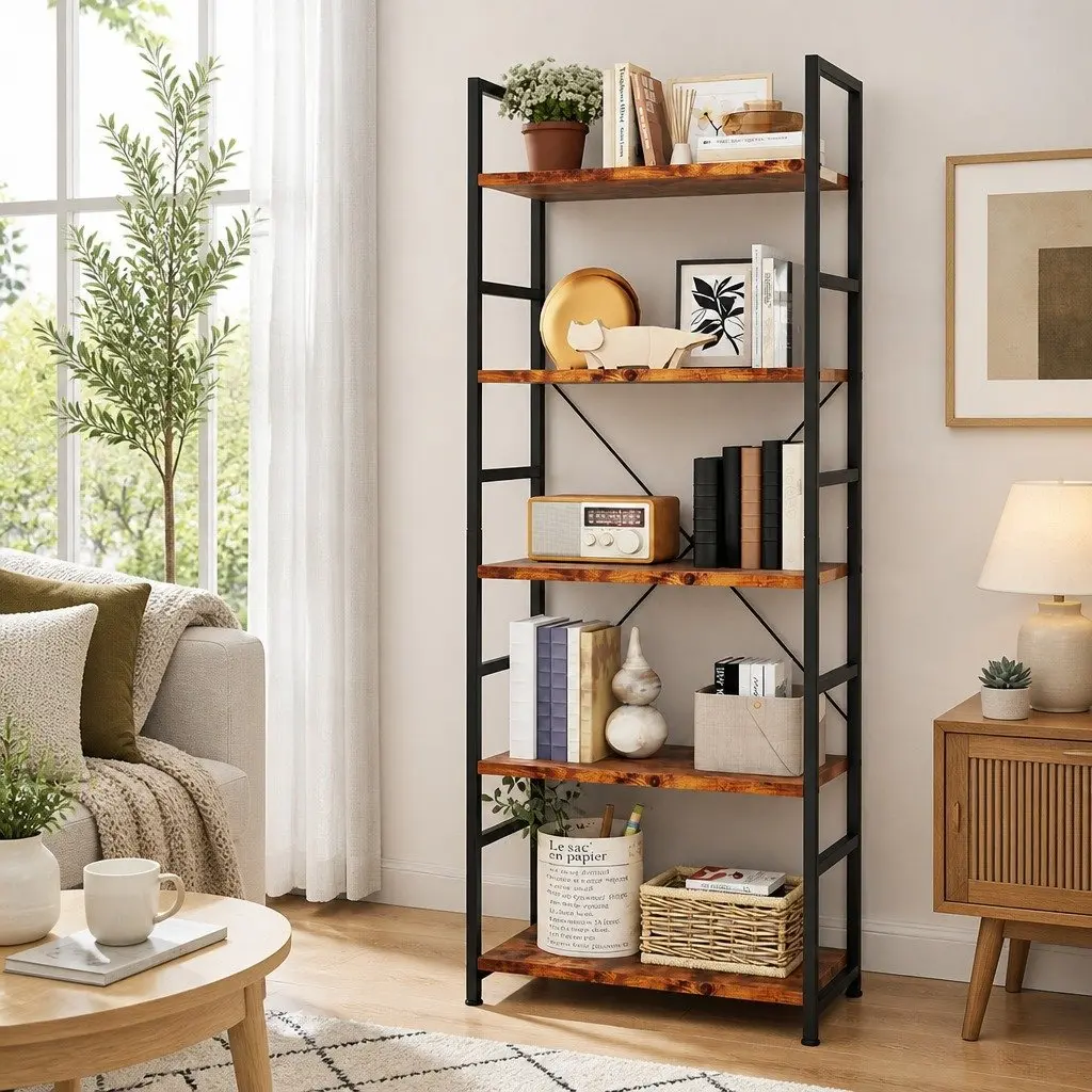 5-Tier Bookshelf E1-Grade Particle Board Steel Frame 157.5cm Tall Rustic Brown