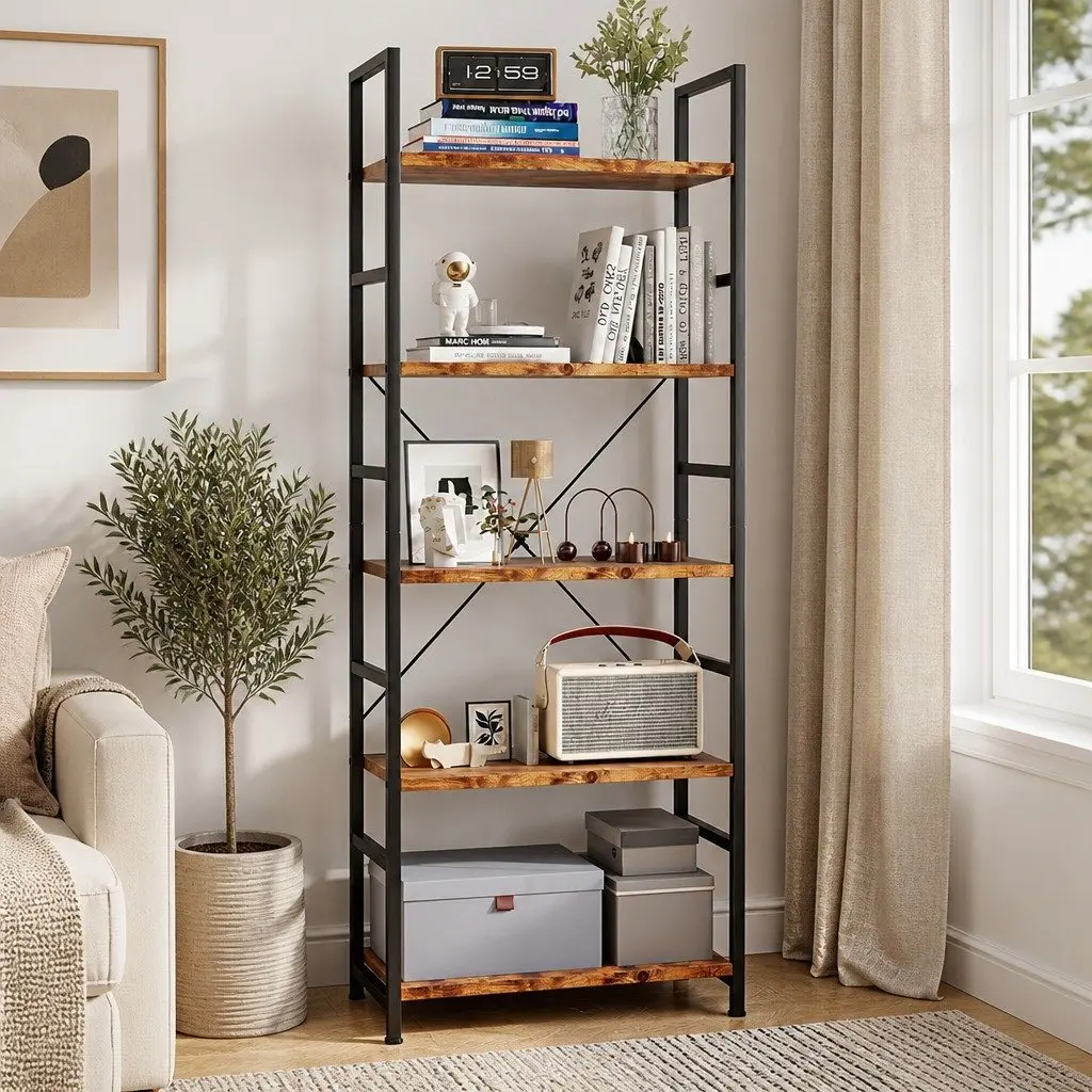 5-Tier Bookshelf E1-Grade Particle Board Steel Frame 157.5cm Tall Rustic Brown
